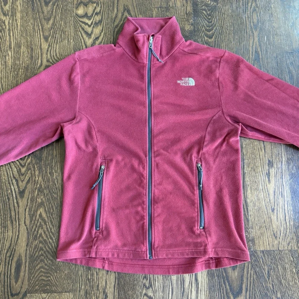 The North Face Mens Full Zip Fleece Jacket Solid Red Medium Lightweight Hiking